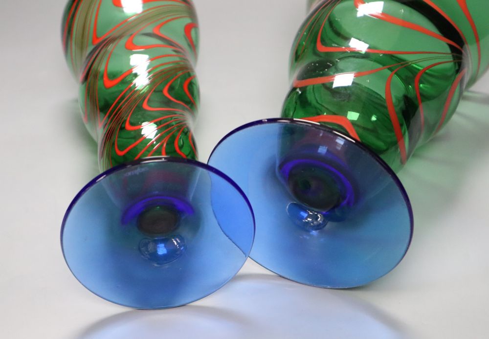 Two Orrefors coloured glass vases, height 25cm